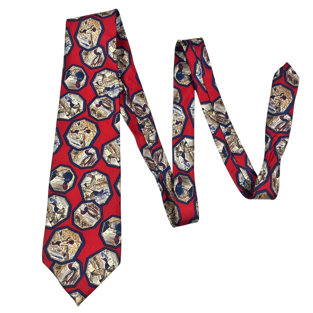 Hathaway Mens‎ Red Silk Mallard Duck Hunting Scene Geometric Classic Necktie USA